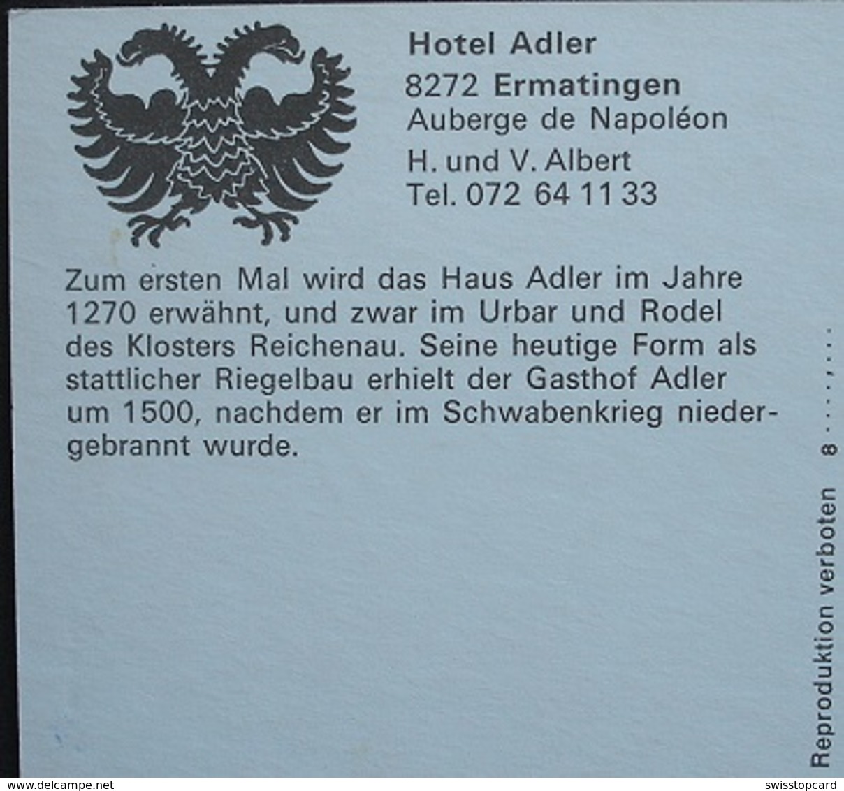 ERMATINGEN Hotel Adler Auberge De Napoléon H. Und V. Albert - Ermatingen