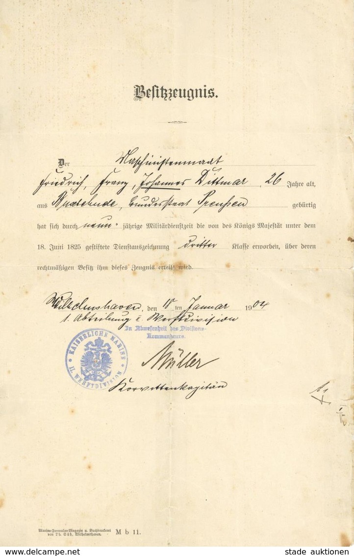 Marine Besitzzeugnis Dienstauszeichnung Dritter Klasse Für 9 Jährige Militärdienstzeit 1904 Unterschrift Korvettenkapitä - Guerre