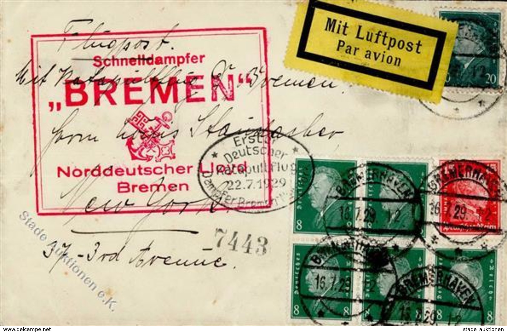 Schiffspoststempel Schnelldampfer Bremen Stpl. Erster Deutscher Katapultflug 22.7.1928 Luftpost I-II - Otros & Sin Clasificación