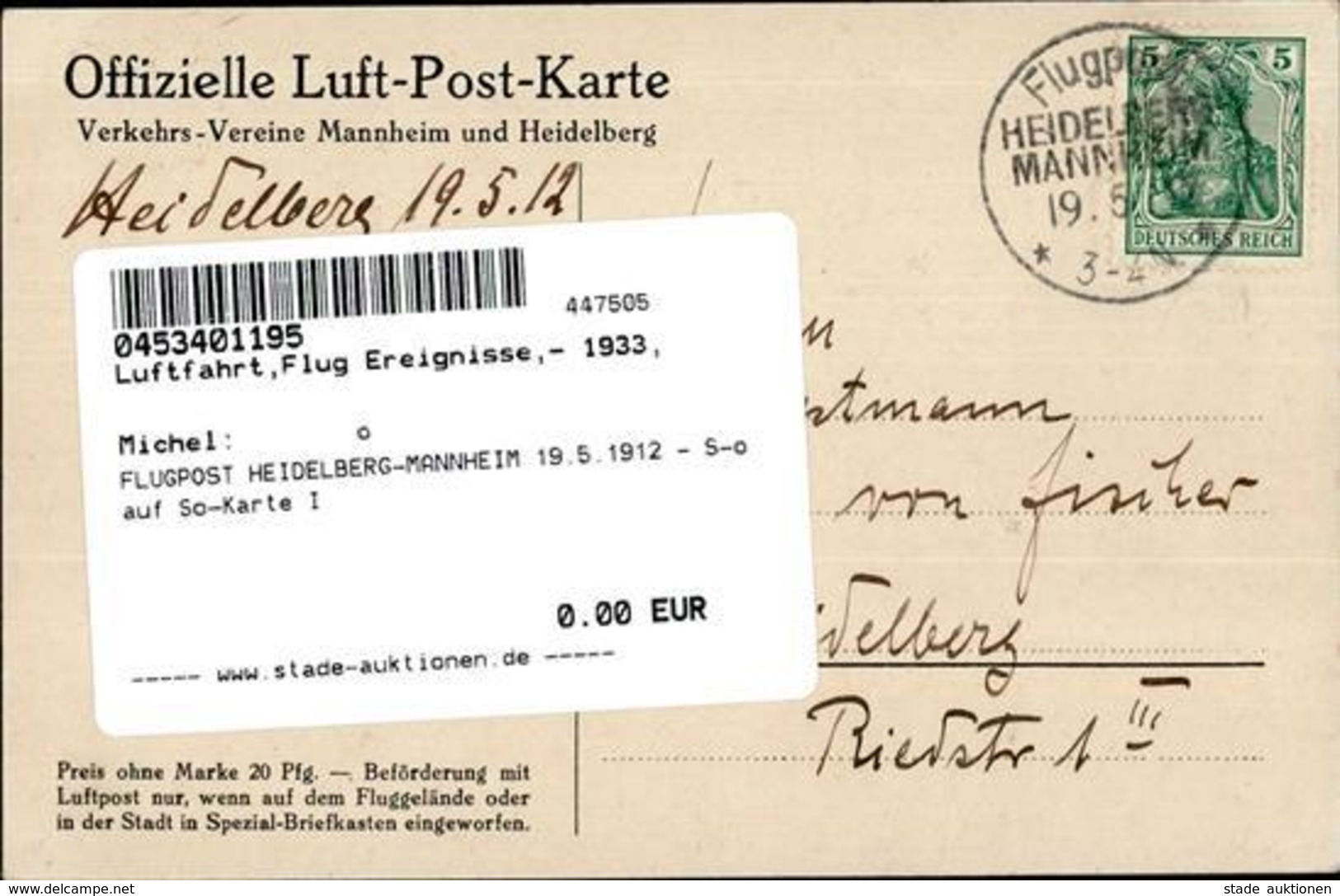 FLUGPOST HEIDELBERG-MANNHEIM 19.5.1912 - S-o Auf So-Karte I - Other & Unclassified