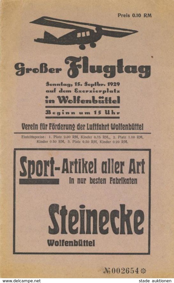 Flugereignis Programm-Heft Wolfenbüttel (3340) Großer Flugtag 1929 II (Umschlag Einriss) Aviation - Autres & Non Classés