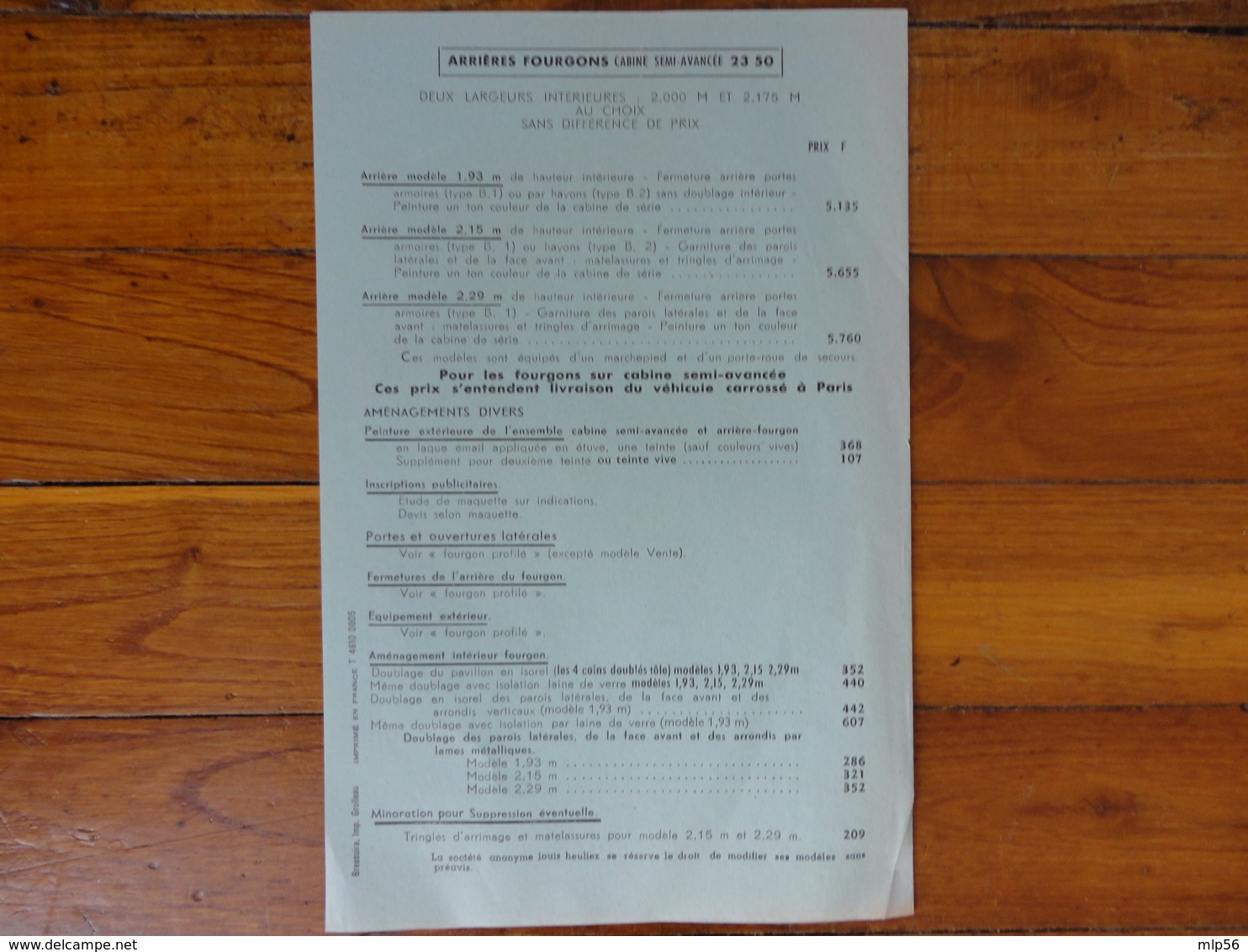 CAMION FOURGON  CITROEN 23 50 HLZ  DIRECTION AVANCEE  CARROSSERIE HEULIEZ TARIF VENTE 1963 4 PAGES 13.5 X 20 5 CM - Trucks