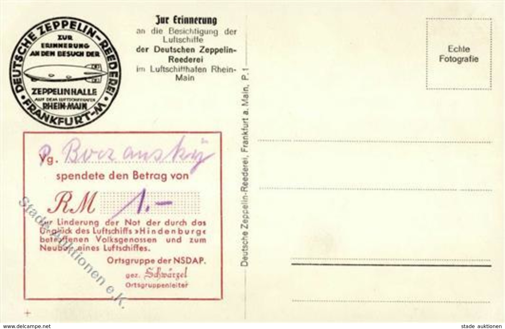 ZEPPELIN - Luftschiff HINDENBURG LZ 129 - Spendenkarte Zur Linderung Der Not Durch D. Unglück Luftschiff Hindenburg Für  - Dirigeables