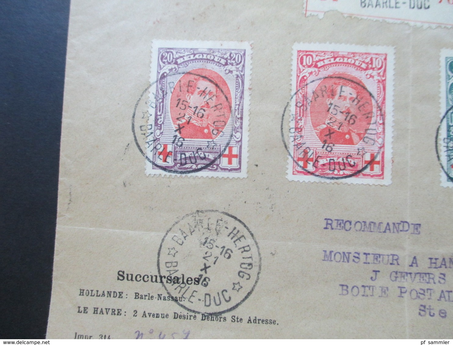 Belgien 1915 Rotes Kreuz III Nr. 110 - 112 Satzbrief Einschreiben Baarle Hertog Baarle Duc - London über Le Havre - 1914-1915 Red Cross