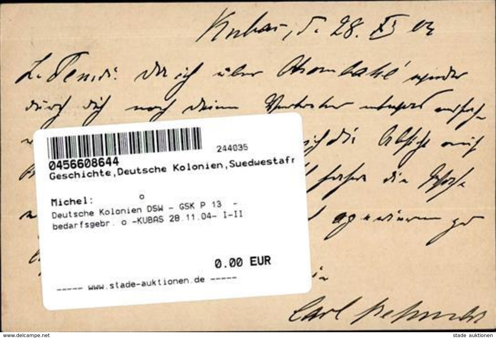 Deutsche Kolonien DSW - GSK P 13  - Bedarfsgebr. O -KUBAS 28.11.04- I-II Colonies - Histoire