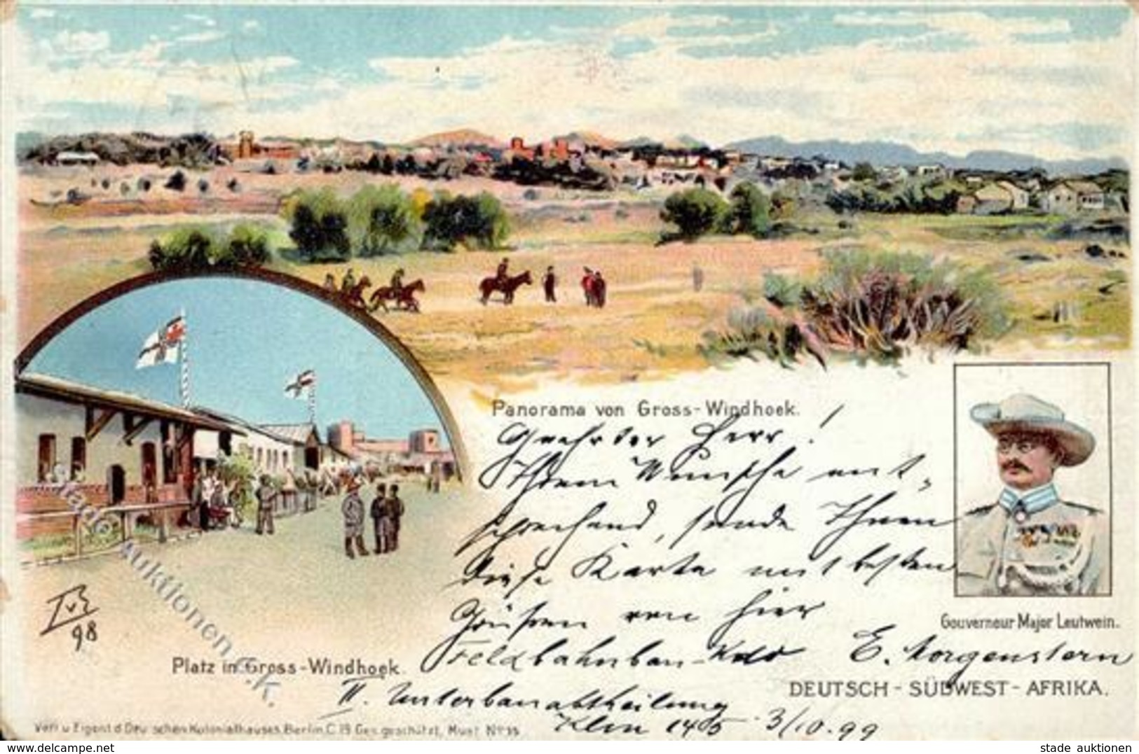 Deutsche Kolonien DSW - Litho Panorama Von GROSS-WINDHOEK Mit Gouverneur Major Leutwein - O Swakopmund 7.10.99 - Rücksei - Histoire