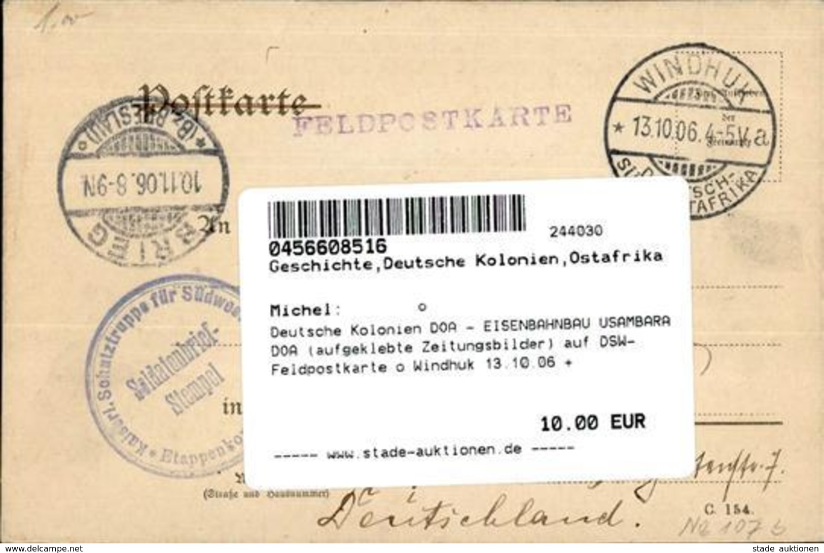 Deutsche Kolonien DOA - EISENBAHNBAU USAMBARA DOA (aufgeklebte Zeitungsbilder) Auf DSW-Feldpostkarte O Windhuk 13.10.06  - Non Classés