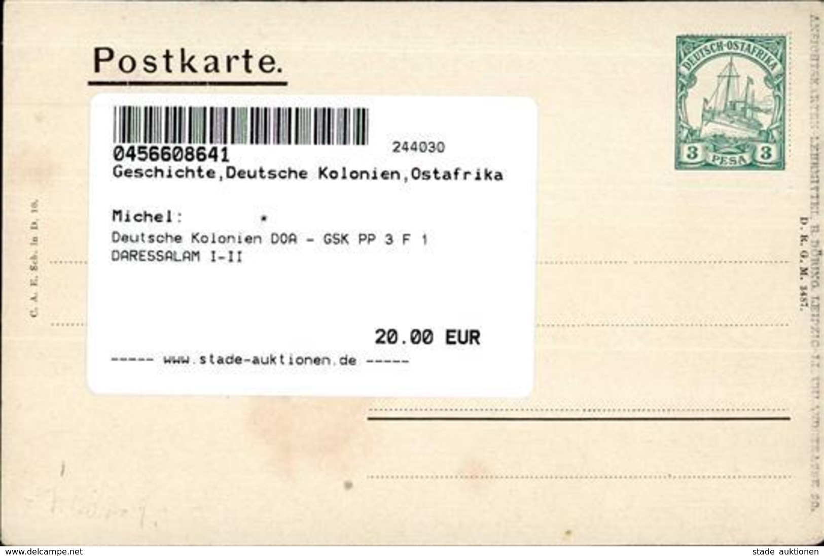 Deutsche Kolonien DOA - GSK PP 3 F 1 DARESSALAM I-II Colonies - Unclassified
