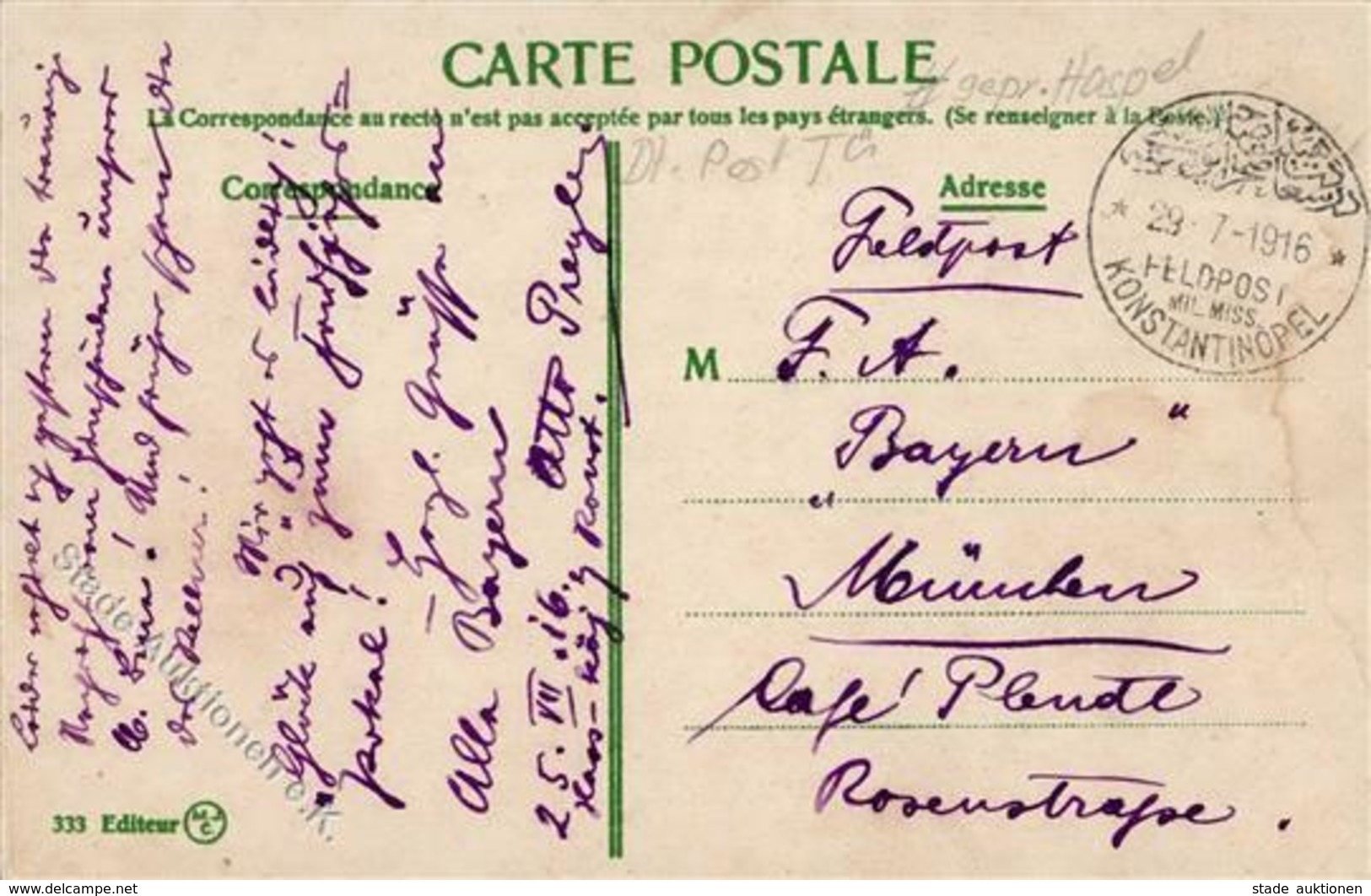 Kolonien Deutsche Post Türkei Stempel Feldpost Mil. Miss. 29.7.1916 Konstantinopel I-II Colonies - Non Classés