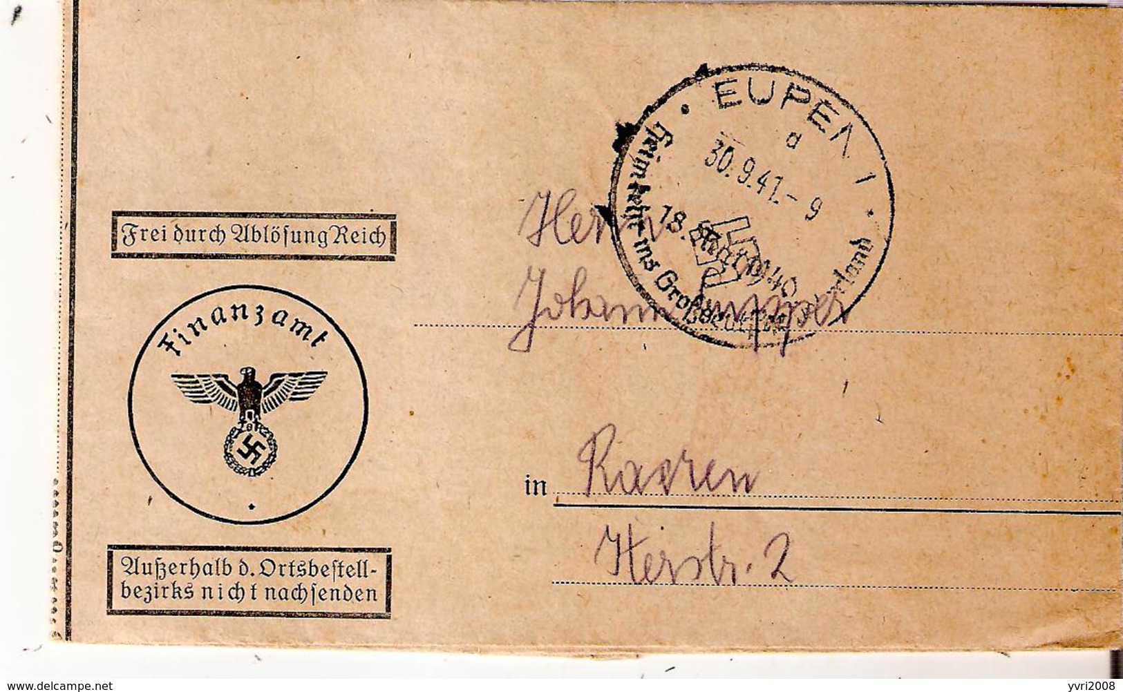 CANTONS De L'EST - Document "FINANZAMT" D'EUPEN Du 30/9/1941 Vers RAEREN Avec étiquette (voir Verso) - Guerre 40-45 (Lettres & Documents)