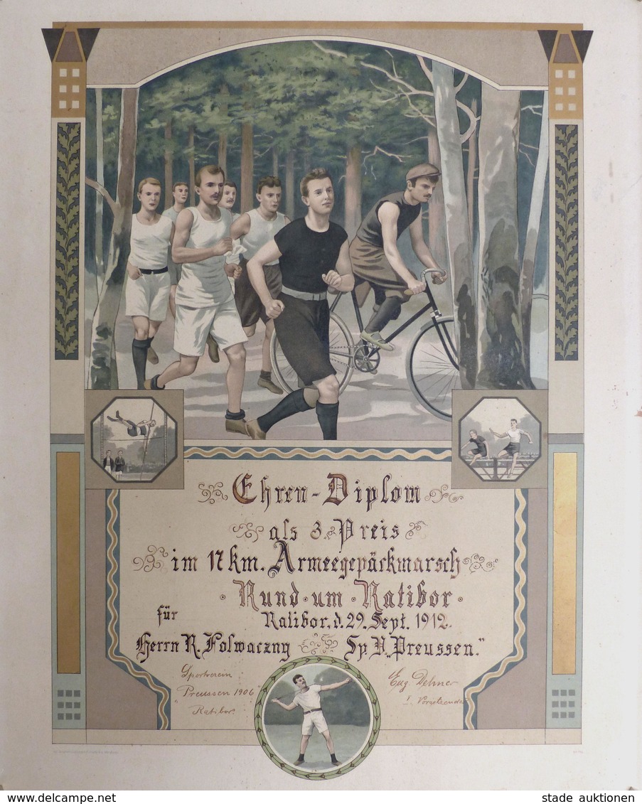 Sport Fahrrad Ehren Diplom 3. Preis Im 17 Km Armeegepäckmarsch Rund Um Ratibor 1912 40 X 50 Cm II Cycles - Non Classés