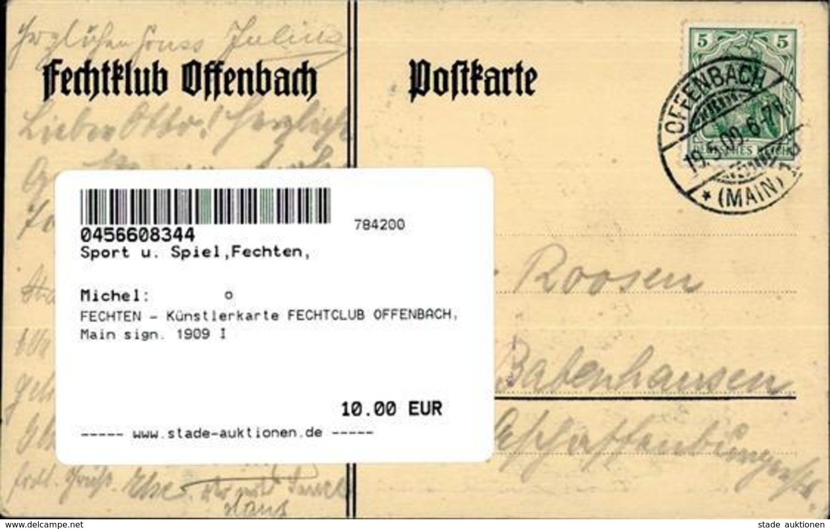 FECHTEN - Künstlerkarte FECHTCLUB OFFENBACH,Main Sign. 1909 I - Sin Clasificación