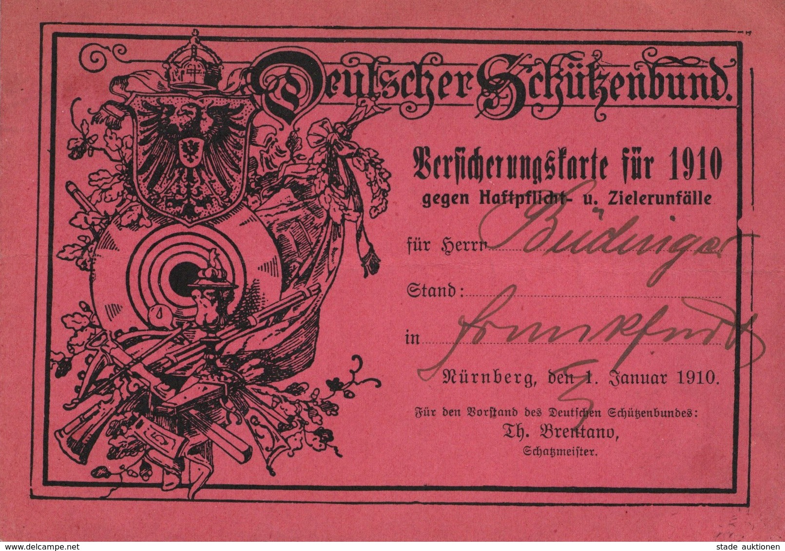 DEUTSCHER SCHÜTZENBUND - Waager. Gefaltete Versicherungskarte NÜRNBERG 1910 II - Altri & Non Classificati