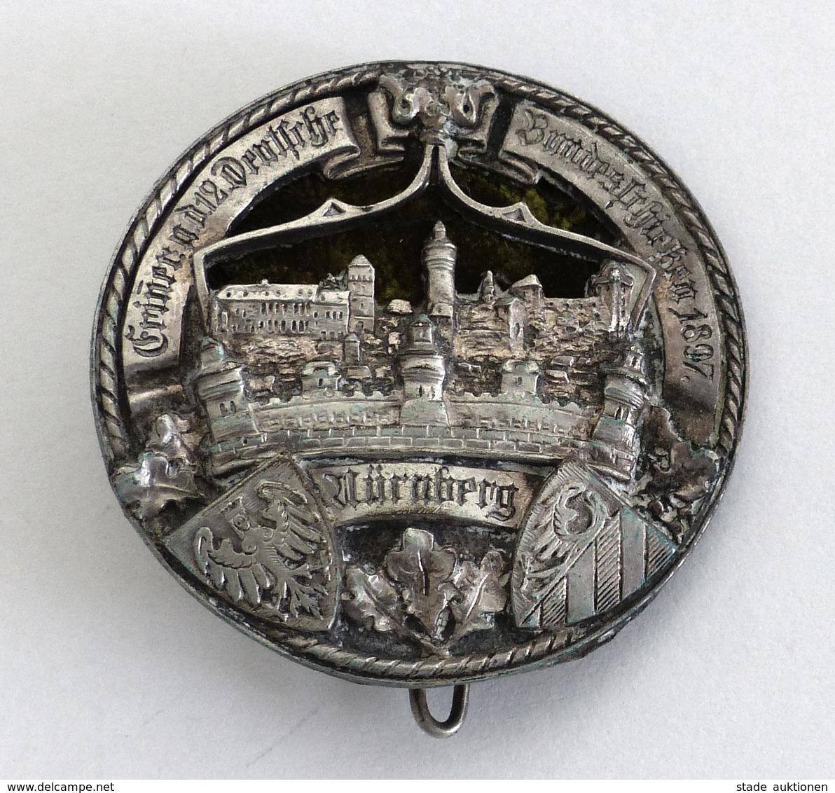 Schützen Nürnberg (8500) 12. Deutsches Bundesschießen 1897 Anstecknadel Herst. Gustav Deschler Zinn Ø 40 Mm I-II - Otros & Sin Clasificación