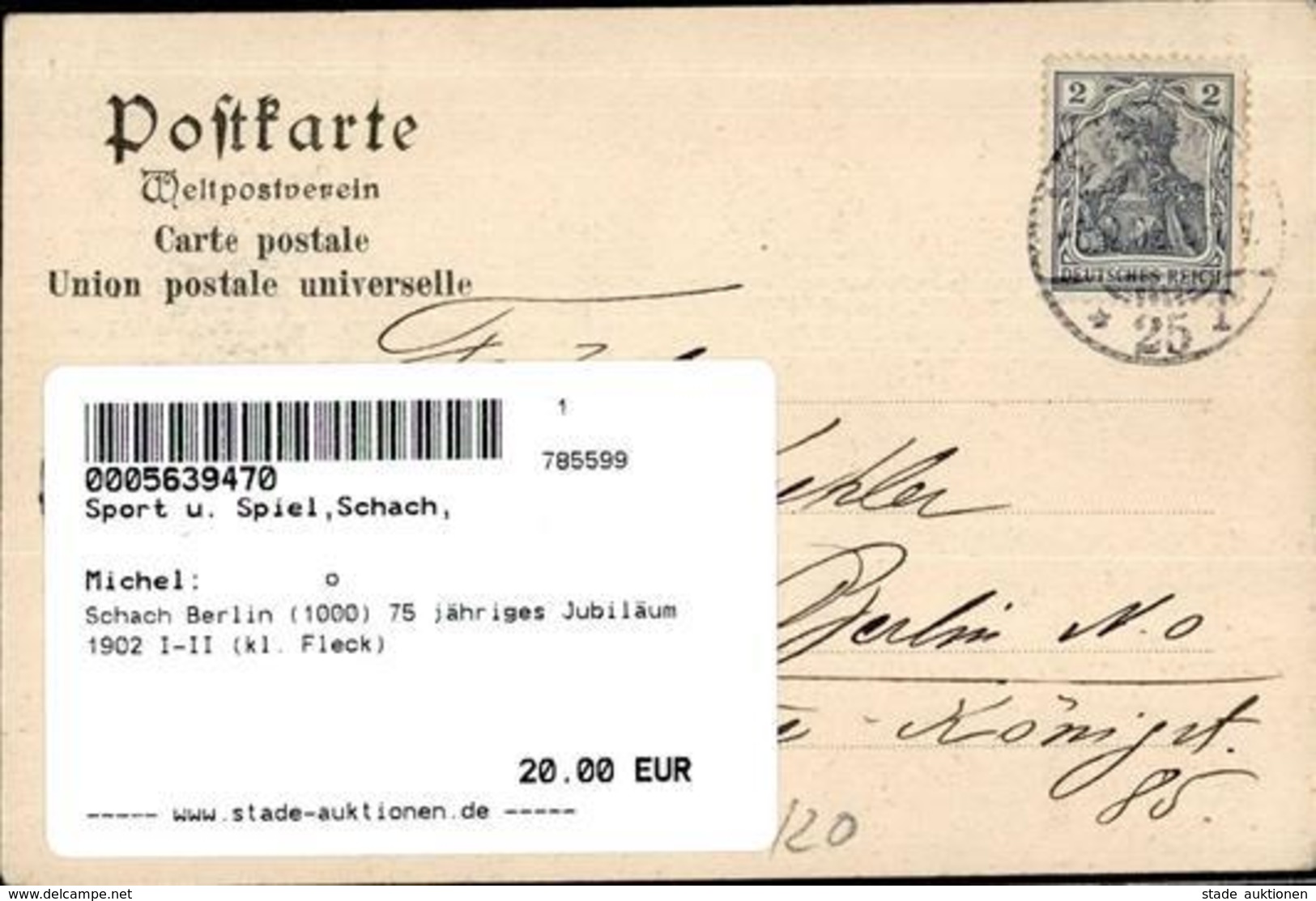 Schach Berlin (1000) 75 Jähriges Jubiläum 1902 I-II (kl. Fleck) - Ajedrez