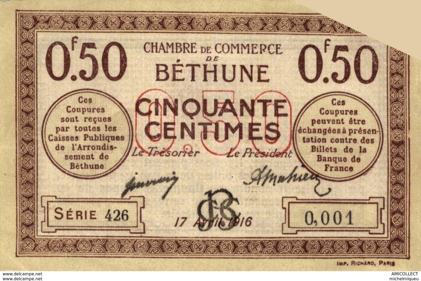 6946-2019    BILLET CHAMBRE DE COMMERCE  DE BETHUNE - Cámara De Comercio