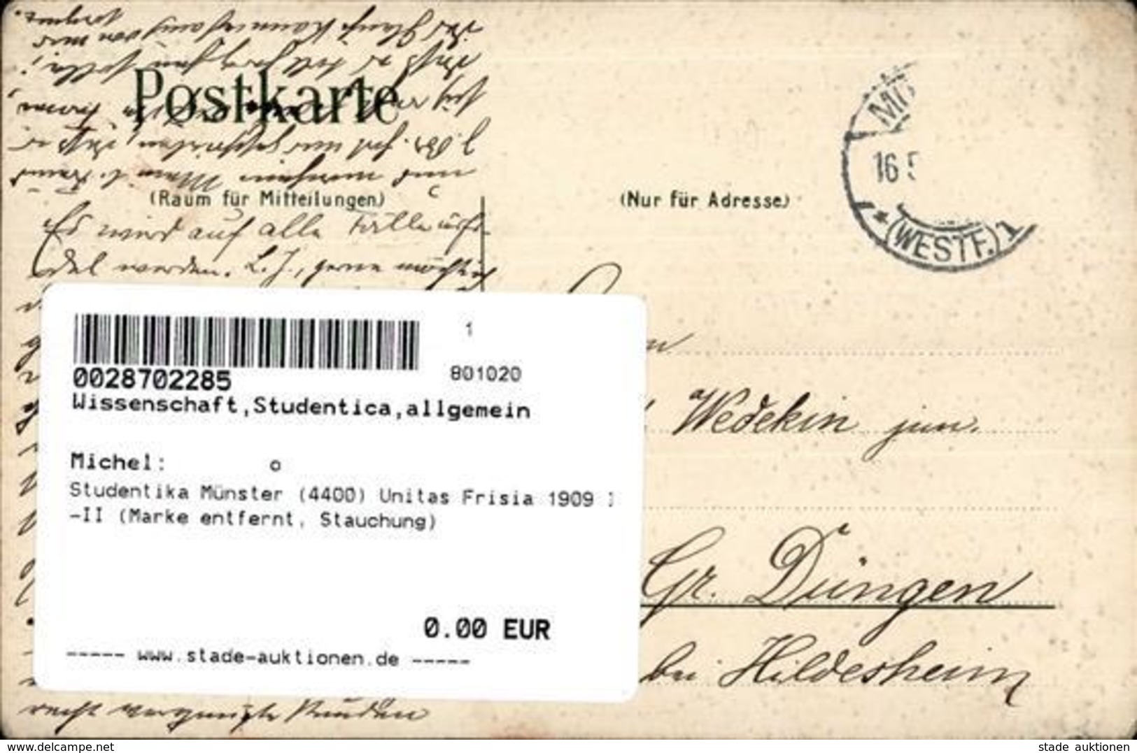 Studentika Münster (4400) Unitas Frisia 1909 I-II (Marke Entfernt, Stauchung) - Schools