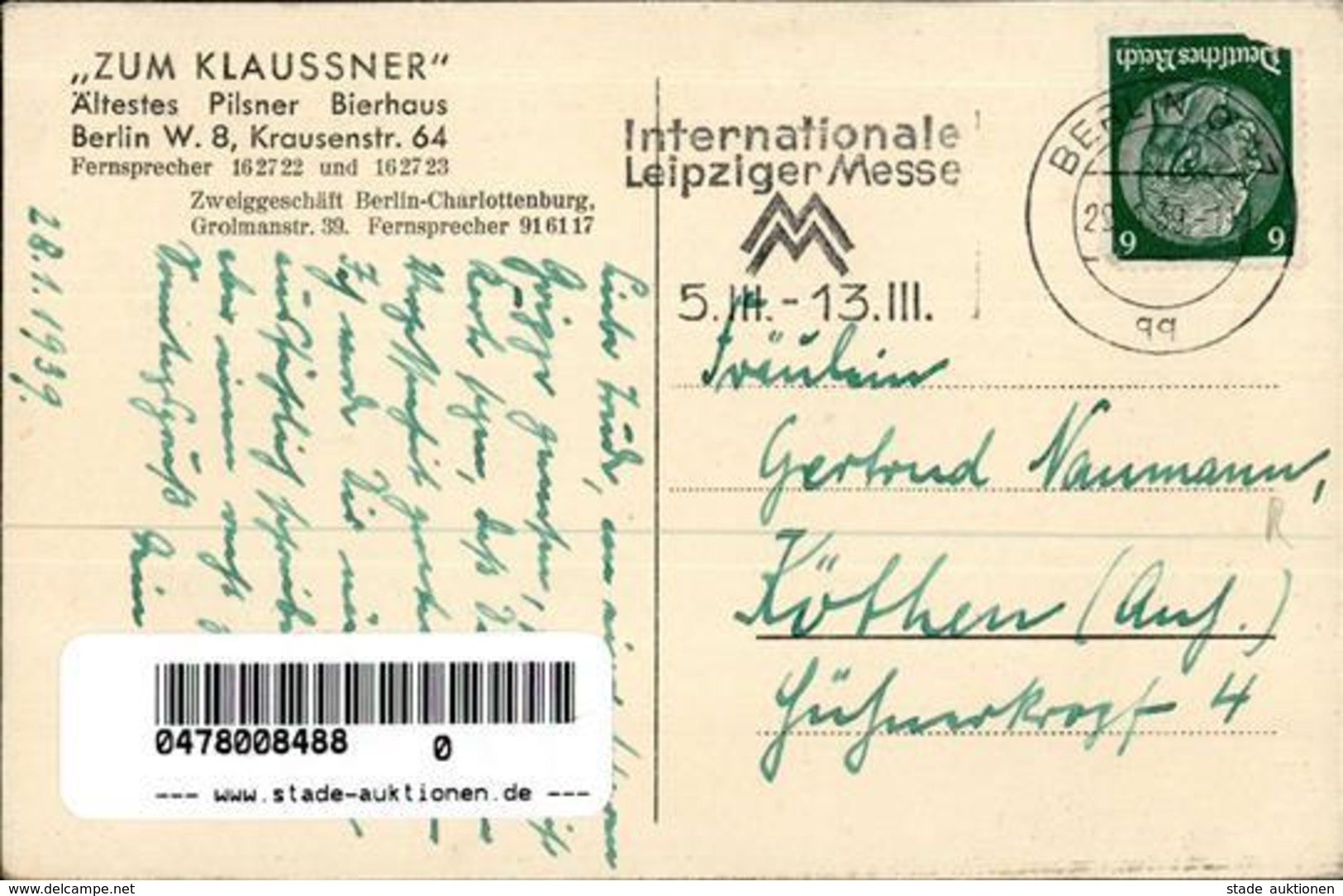 Berlin Mitte (1000) Gasthaus Zum Klausner Brauerei Krausenstraße 64 I-II (Ecken Abgestoßen, Marke Teilw. Entf.) - Autres & Non Classés