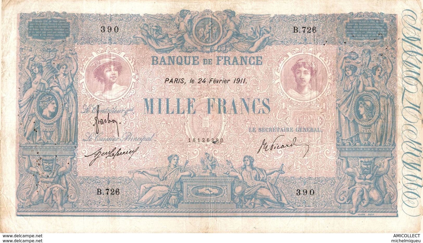 491-2019   BILLET DE 1 000 FRANCS BLEU ET ROSE DU 24-02-1911 - 1 000 F 1889-1926 ''Bleu Et Rose''