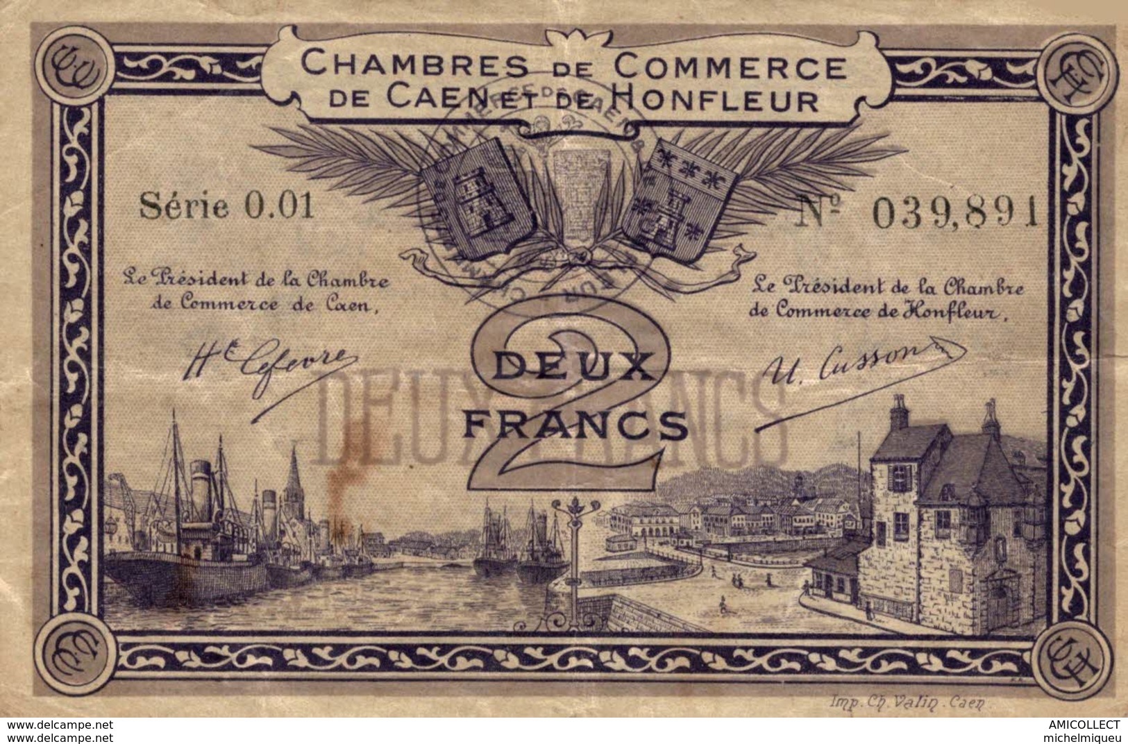 886-2019     CHAMBRE DE COMMERCE DE CAEN ET DE HONFLEUR  2 FRANCS - Chambre De Commerce