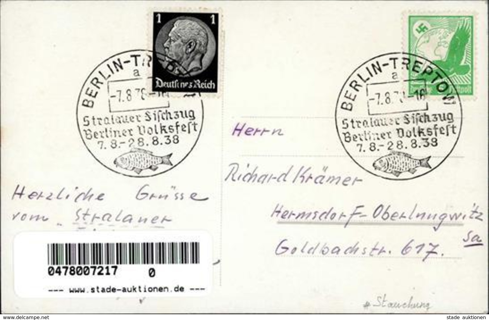 Berlin Mitte (1000) WK II Festumzug Stralauer Fischzug 7.-28.8.1938 Sonderstempel II (Stauchung) - Otros & Sin Clasificación