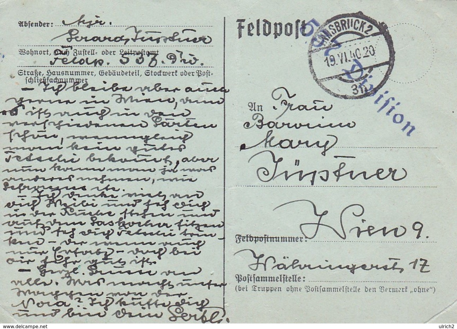 Feldpost Innsbruck Nach Wien - 537. Division - 1940 (41553) - Briefe U. Dokumente