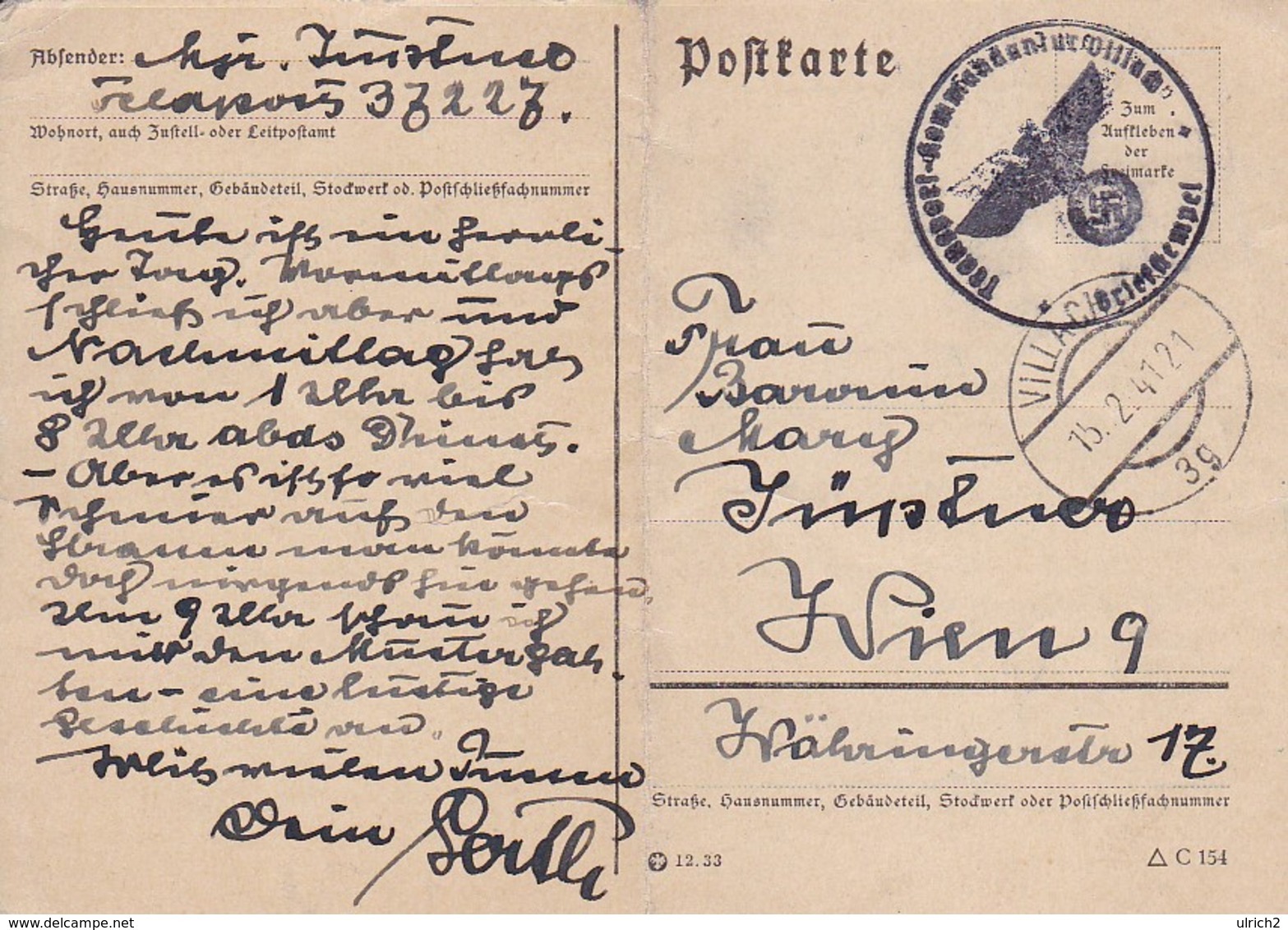 Feldpost Villach Nach Wien - Transport-Kommandantur Villach - 1941 (41552) - Lettres & Documents