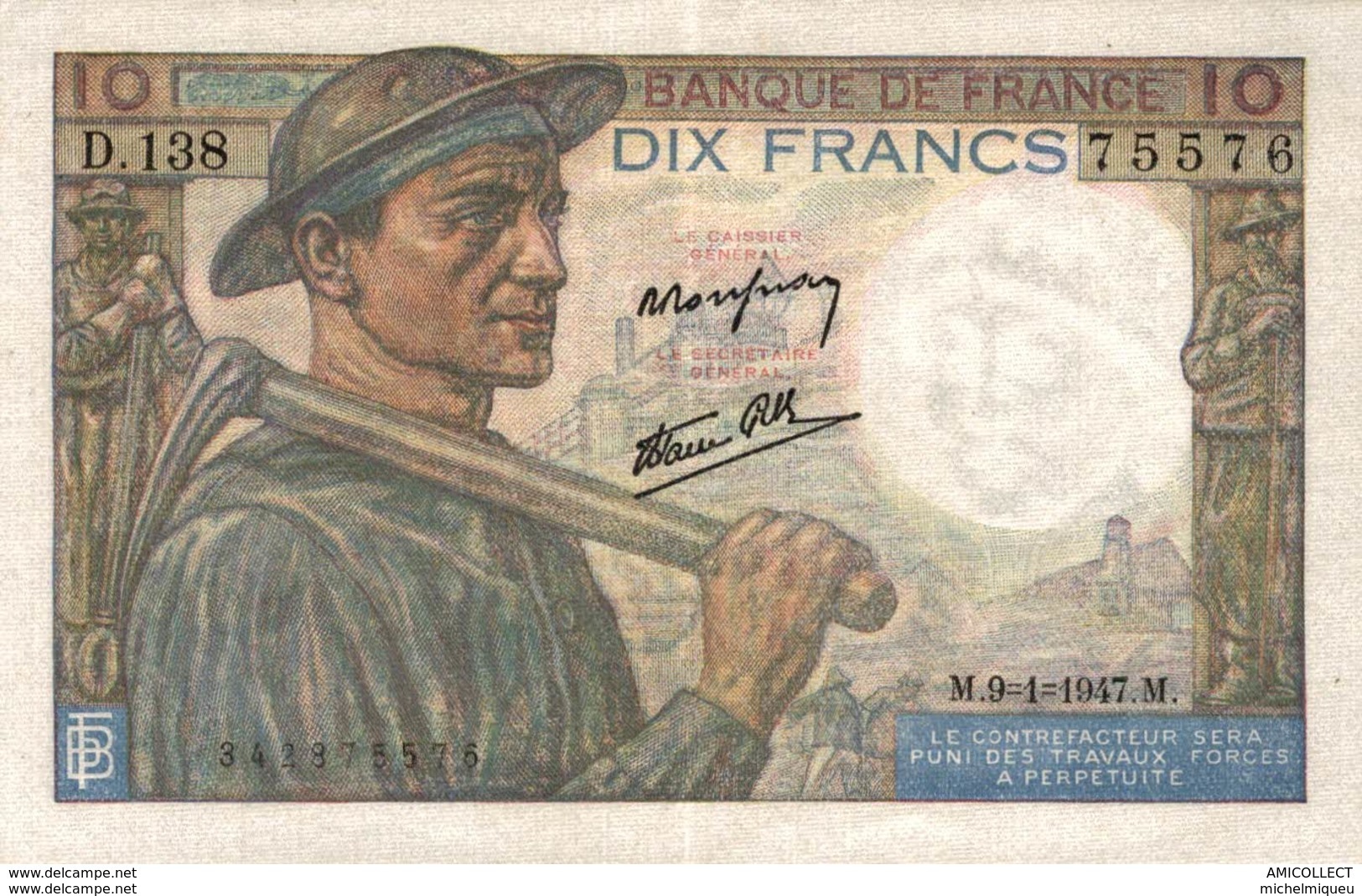 9849  -2018   BILLET FRANCAIS 10F MINEUR 9-1-1947 - 10 F 1941-1949 ''Mineur''