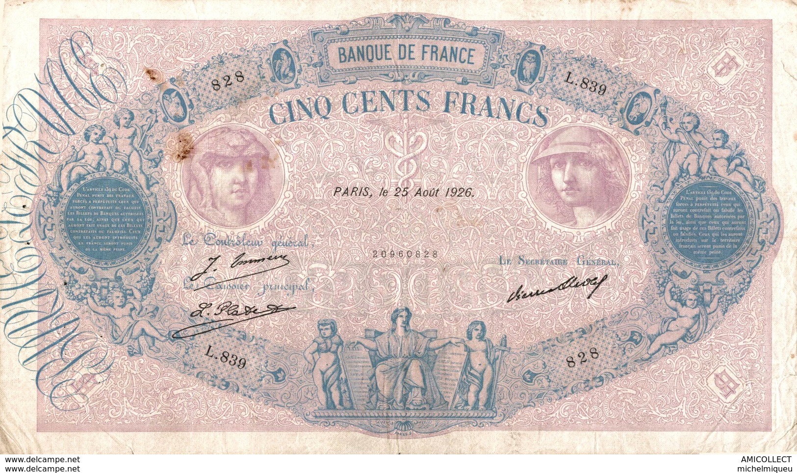 9961 -2018  BILLET 500FRANCS BLEU ET ROSE 25 AOUT 1926 - 500 F 1888-1940 ''Bleu Et Rose''