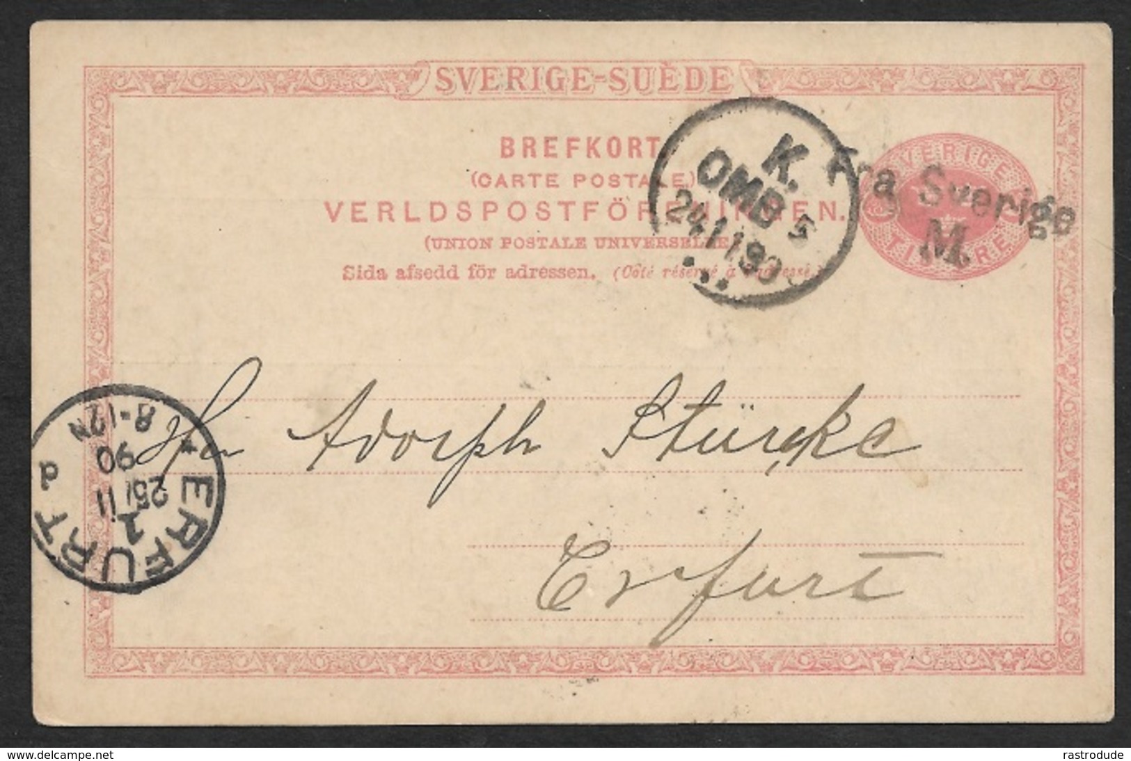 1890 - SWEDEN SEEPOST - Stationery Card Mi. P20 FRA SVERIGE M - MALMÖ To ERFURT - Covers & Documents