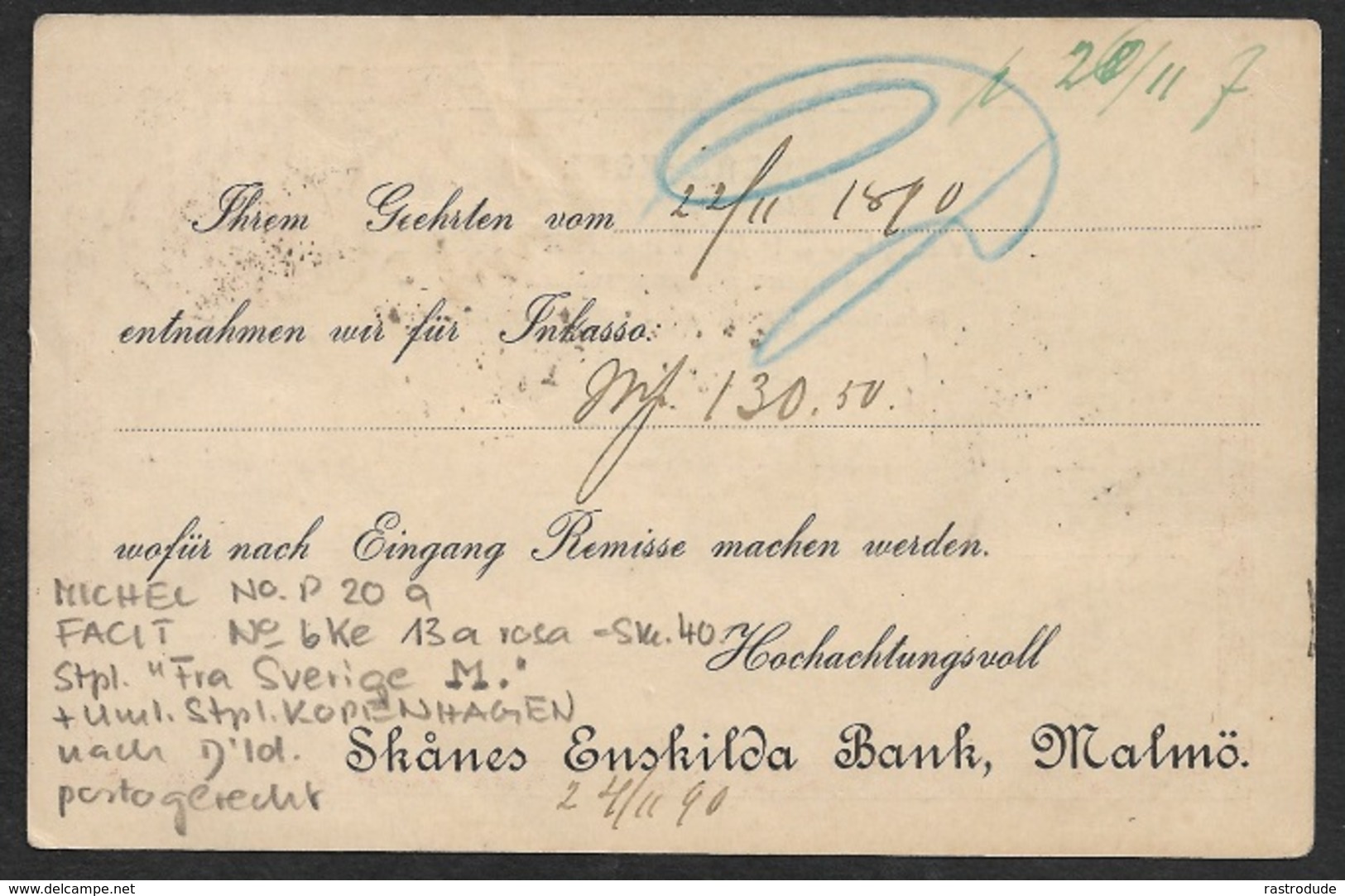 1890 - SWEDEN SEEPOST - Stationery Card Mi. P20 FRA SVERIGE M - MALMÖ To ERFURT - Briefe U. Dokumente