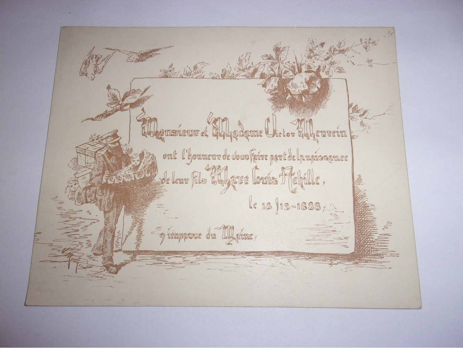 FAIRE PART /STERN/ DESSIN DE VICTOR MEUREIN NAISSANCE FILS MARC LOUIS LE 13/12/1888 - Naissance & Baptême