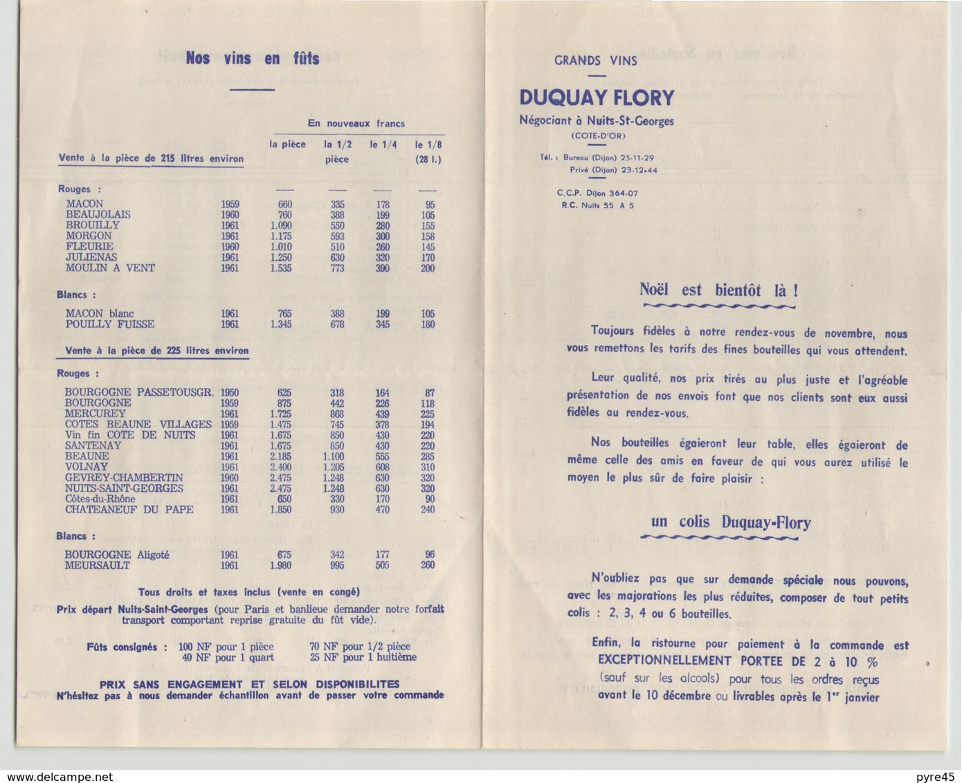 Grille Tarifaire " Duquay Flory " Négociant à Nuits-St-Georges - Non Classés