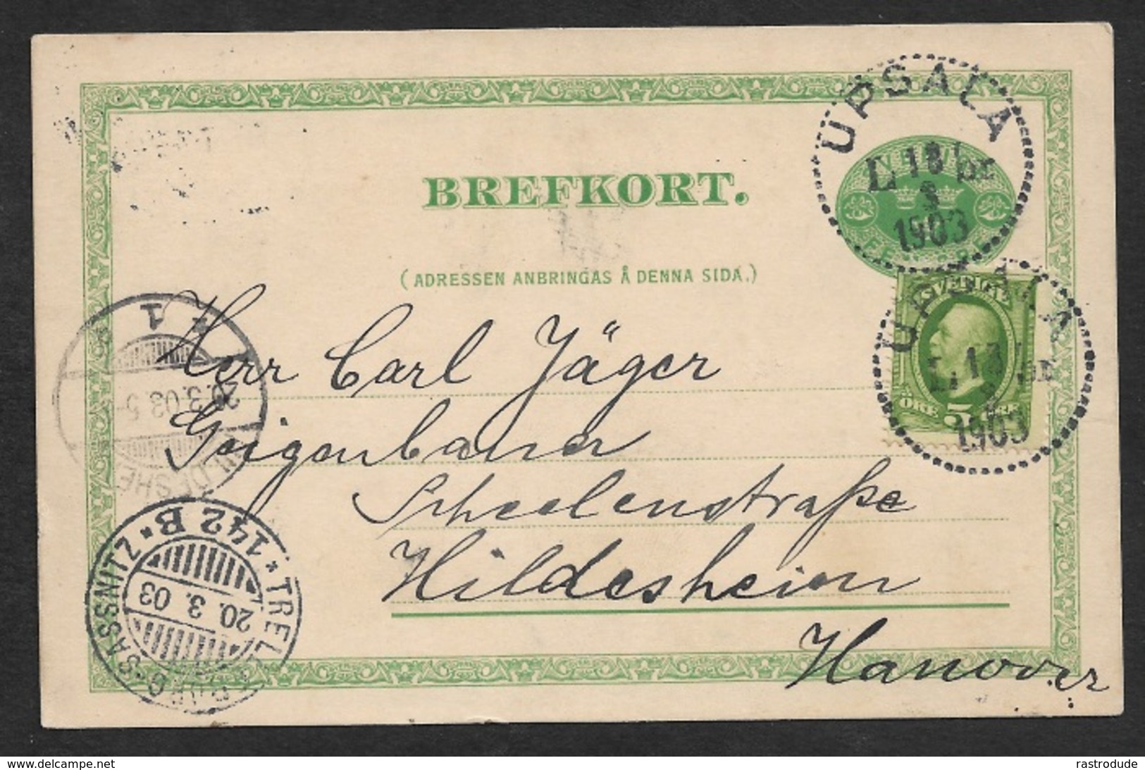 1903 - SWEDEN SEEPOST - SCHIFFSPOST - PSC Uprated 5c UPSALA To HILDESHEIM - TRELLEBORG - SASSNITZ - Storia Postale