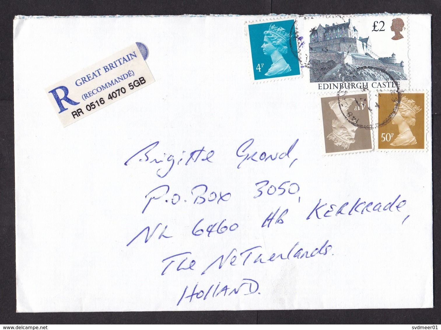 UK: Registered Cover To Netherlands, 1990s, 4 Stamps, Machin, Castle, 2.95 Rate, R-label At Back (traces Of Use) - Lettres & Documents