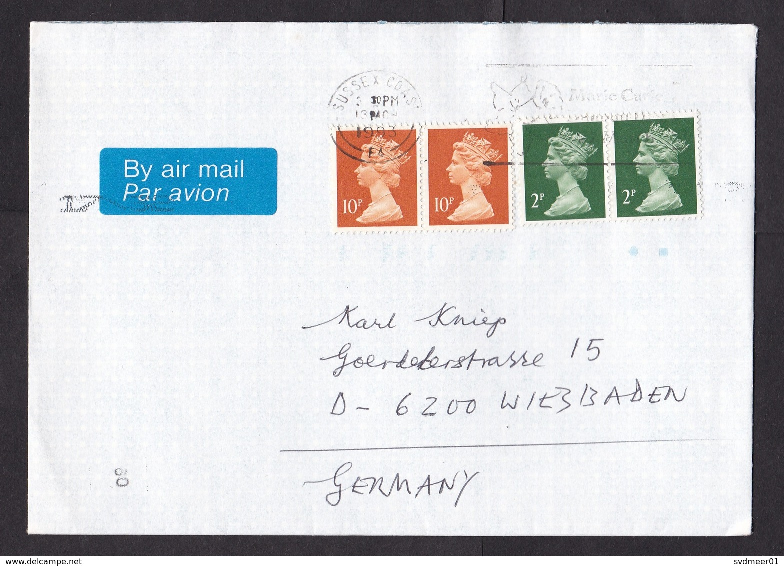 UK: Airmail Cover To Germany, 1993, 4 Stamps, Machin, 0.24 Rate (traces Of Use) - Brieven En Documenten