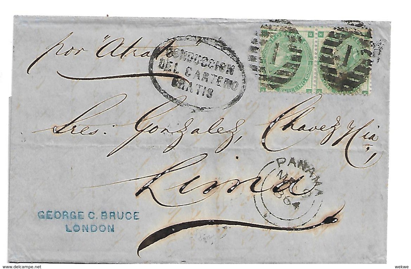 GBV112/GR.BRITANNIEN- Victoria 1 Sh. (Ausg. 1862) PAAR Auf Brief N. Peru/Lima, Via Panama Zustellgebühr Bezahlt. - Cartas & Documentos