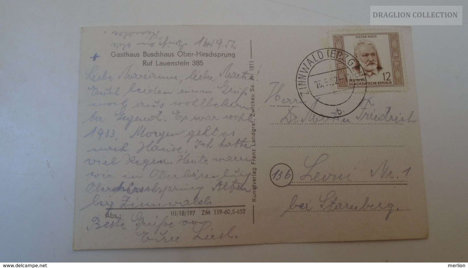 D166976 Erzgebirge Altenberg Ober - Hirschsprung -1953  Geising  -stamp Victor Huga - Cancel ZINNWALD - Geising