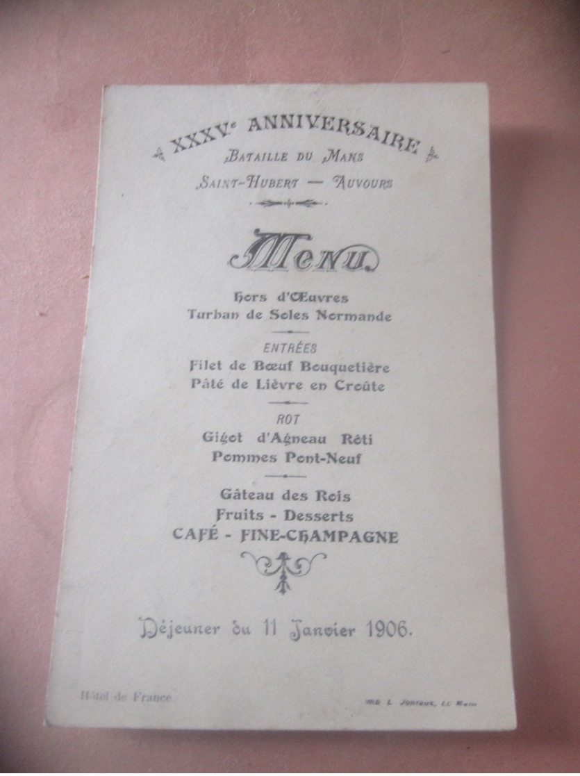 MENU 1906 BATAILLE LE MANS SAINT HUBERT AUVOURS MILITAIRE - Menus