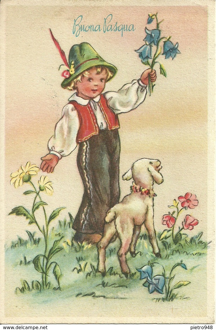 Cartolina "Buona Pasqua", Pastorello Con Fiori In Mano E Pecorella (S33) - Pasqua
