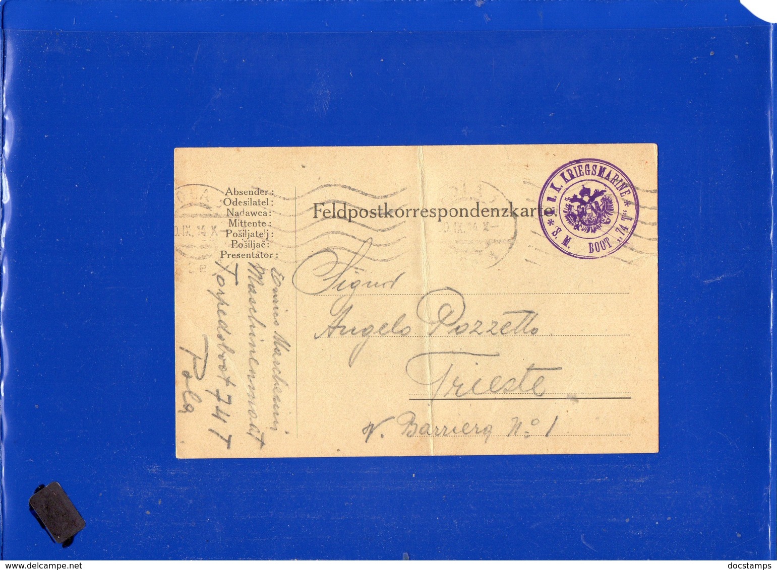 ##(DAN198)-Austria 1914-  Army Postcard (Italian Written) From Torpedo Boat 74T In Pola Harbour To Trieste - Storia Postale