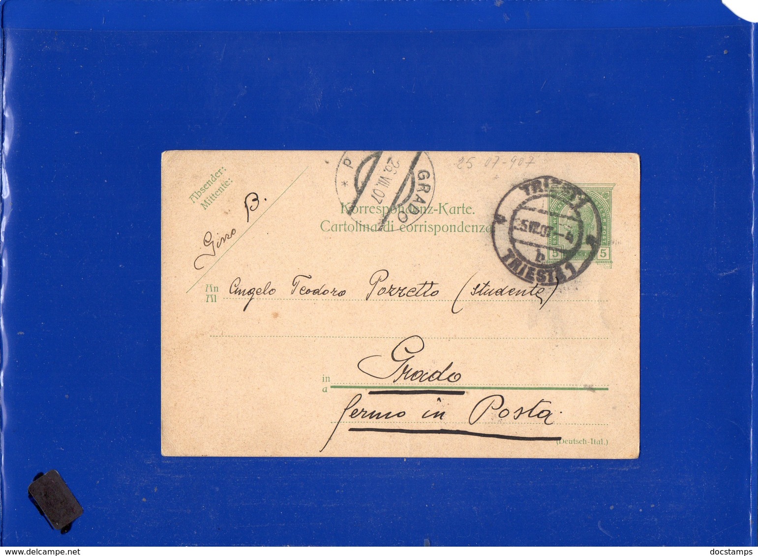 ##(DAN198)-Austria 1907 -5 Heller Postcard (Italian Written) From Trieste To Post Office Grado - Venezia - Storia Postale