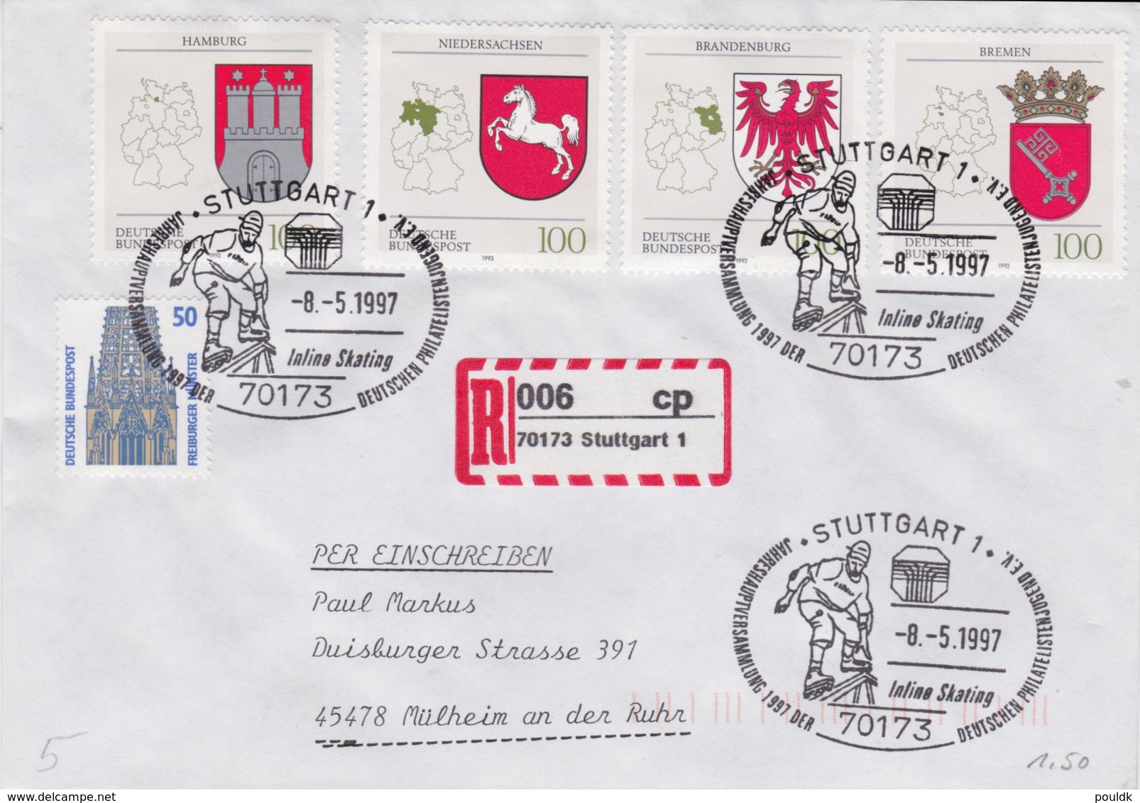 Germany Registered Cover 70173 Stuttgart 1 1997 Inline Skating (G96-27) - Sonstige & Ohne Zuordnung