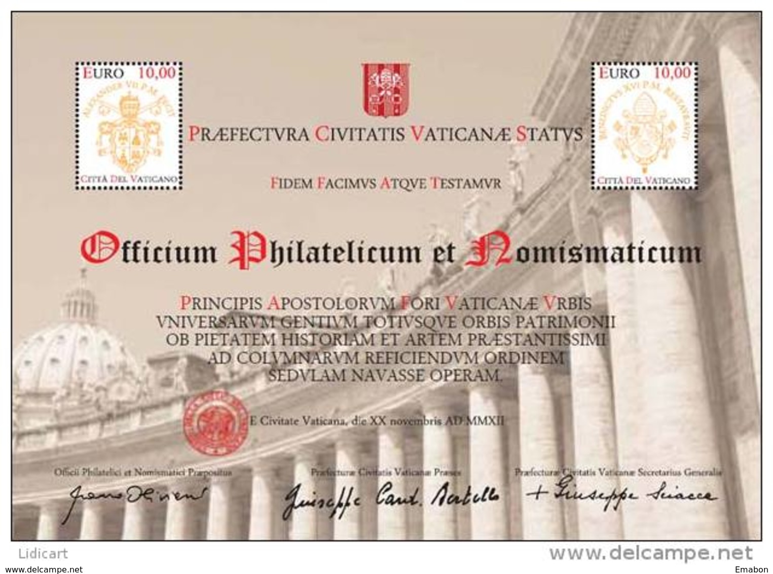 STATO CITTA' DEL VATICANO - VATIKAN STATE - BENEDETTO XVI - ANNO 2012 - BF COLONNATO - NUOVI MNH ** - Nuovi