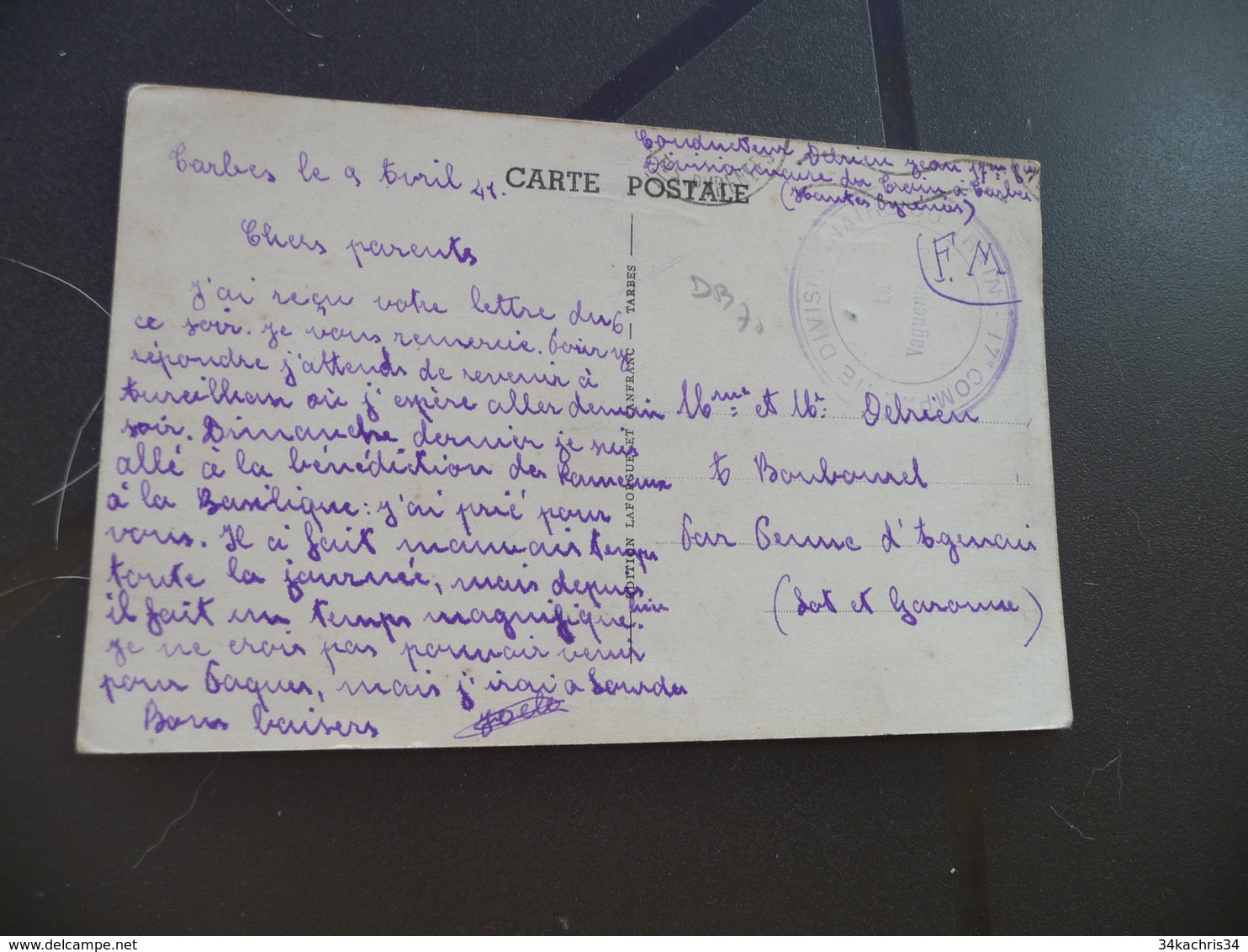 Sur CPA Tarbes En Franchise Militaire Cachet Bleu 17 ème Compagnie Divisionnaire Du Train - Guerre De 1939-45
