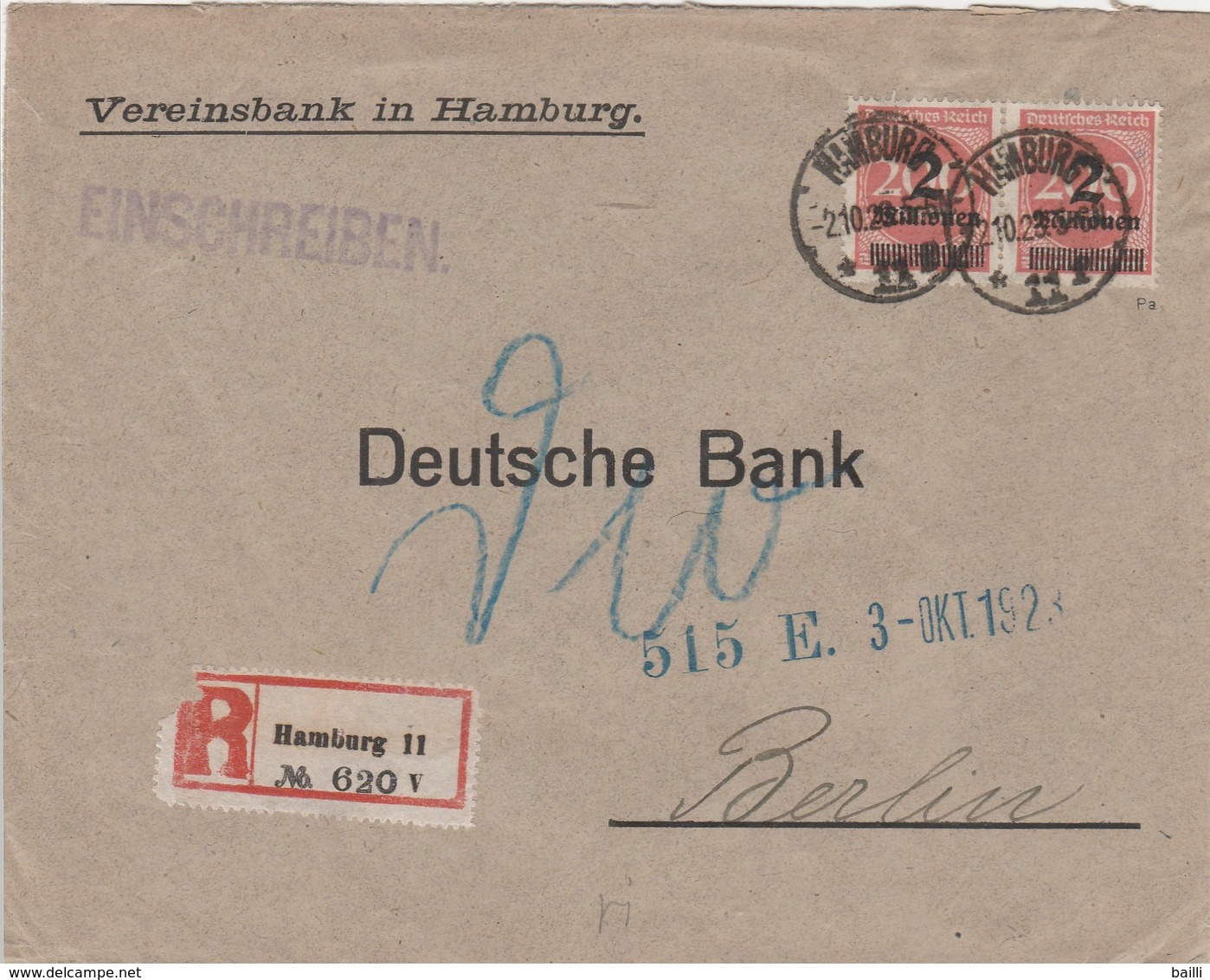 Allemagne Lettre Recommandée Inflation Hamburg 1923 - Lettres & Documents