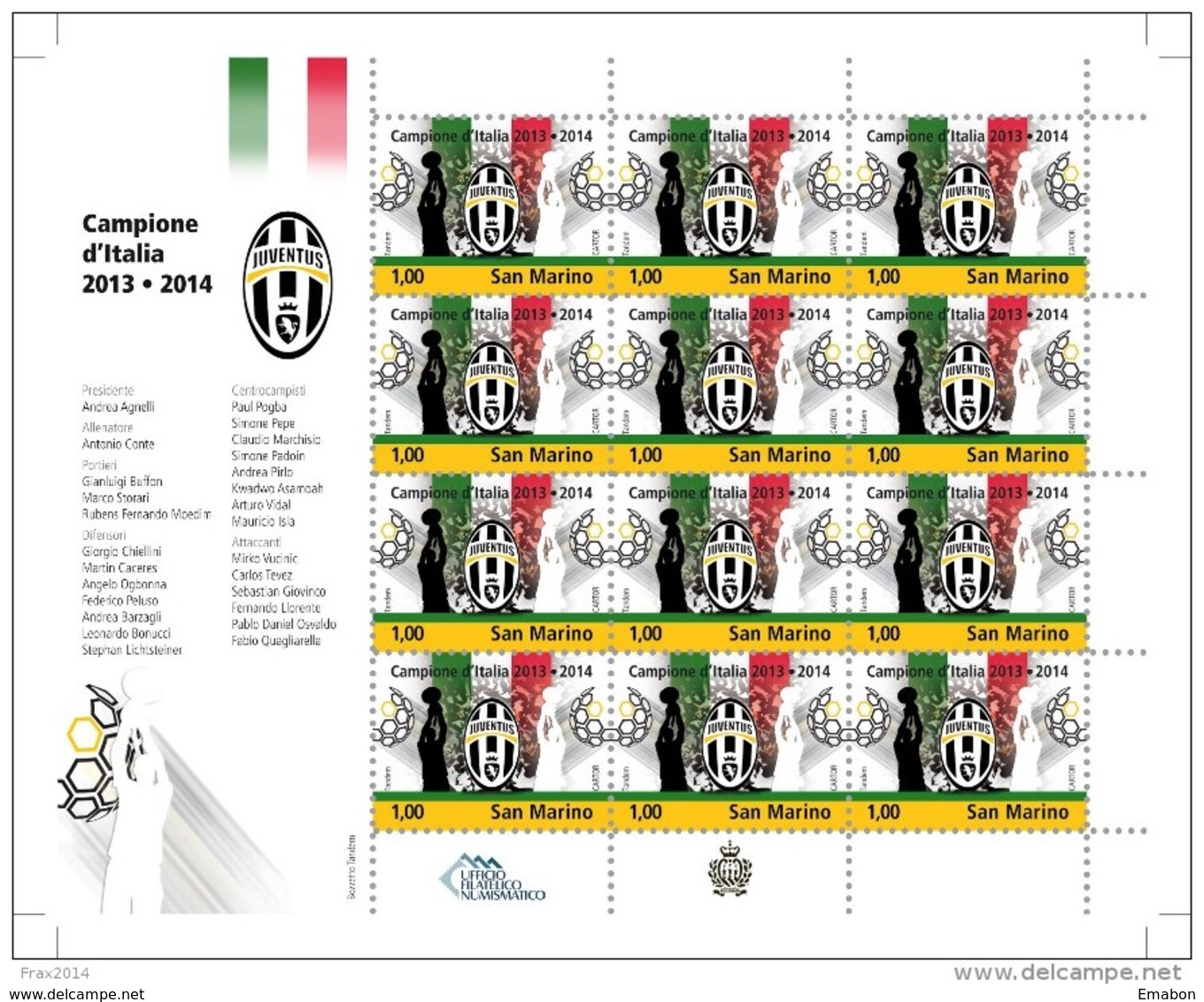 REPUBBLICA DI SAN MARINO -  ANNO 2014  - MINI FOGLIO  SPORT CALCIO JUVENTUS CAMPIONE - NUOVI  MNH ** - Nuovi