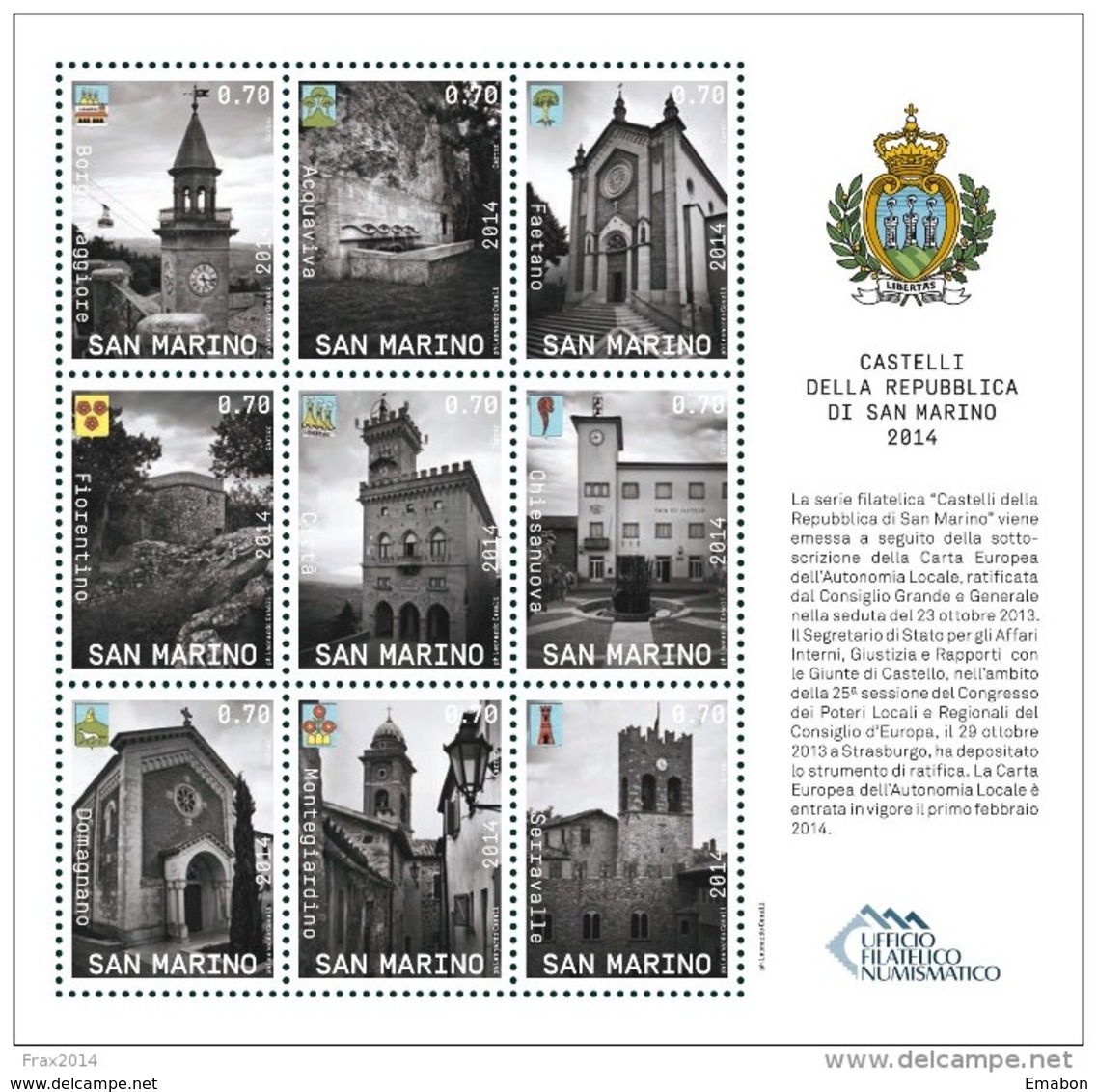 REPUBBLICA DI SAN MARINO -  ANNO 2014  -  CASTELLI  - NUOVI  MNH ** - Nuovi