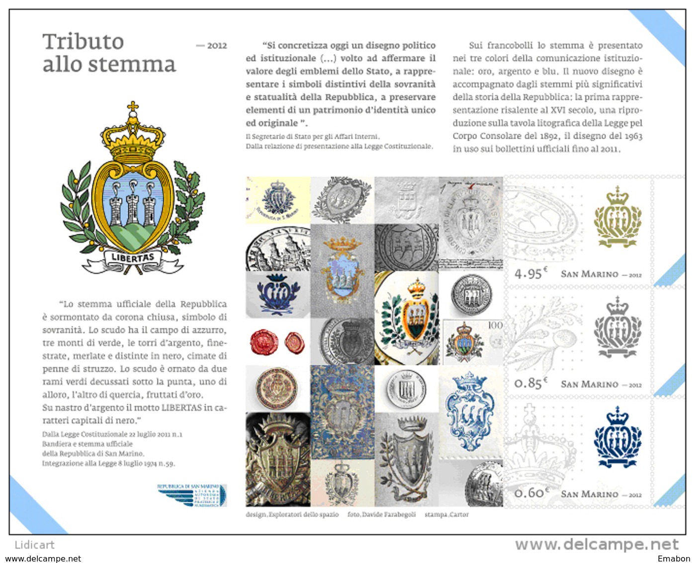 REPUBBLICA DI SAN MARINO - ANNO 2012 - BF TRIBUTO ALLO STEMMA   - NUOVI MNH ** - Nuovi