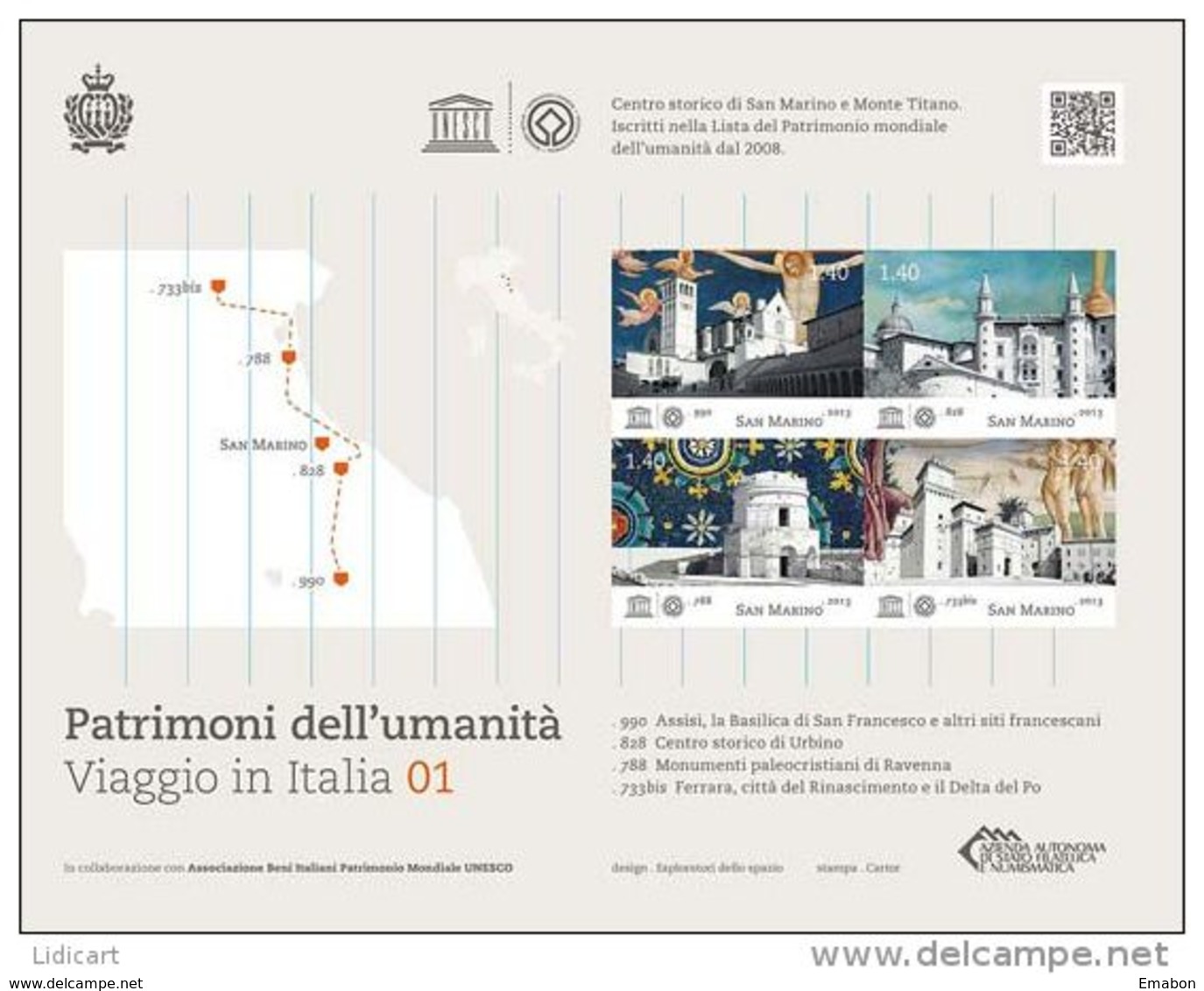 REPUBBLICA DI SAN MARINO - ANNO 2013 -  BF UNESCO PATRIMONIO DELL' UMANITÀ -  NUOVI   ** MNH - Unused Stamps